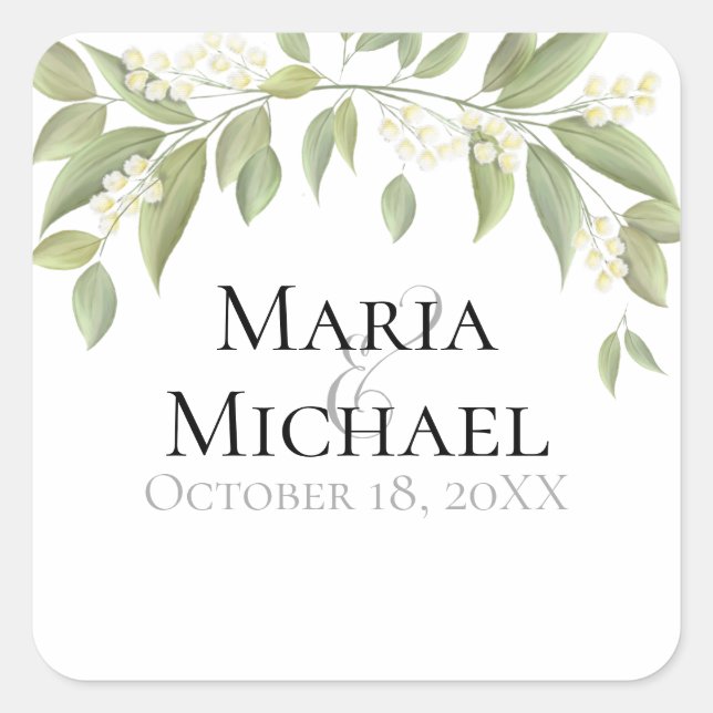 Sticker Carré Elégant mariage Floral Foliage Verdure Merci (Devant)