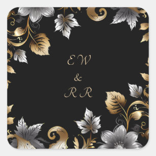 Sticker Carré Élégant Mariage floral noir et or