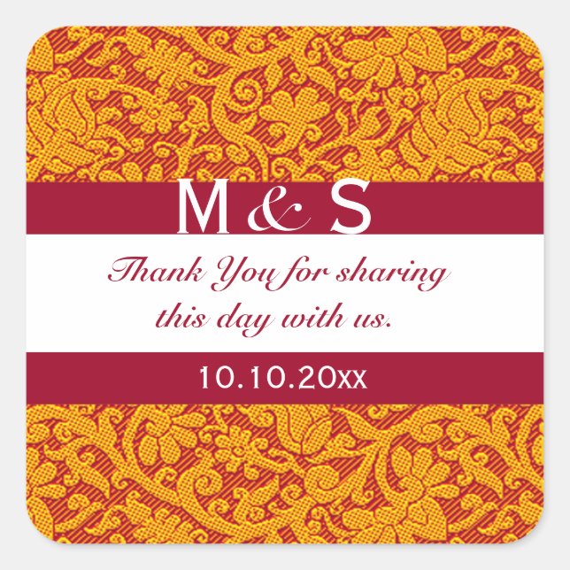 Sticker Carré Élégant Mariage Floral Rouge or Merci (Devant)
