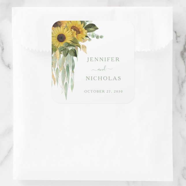 Sticker Carré Élégant Mariage floral vert tournesol (Sac)