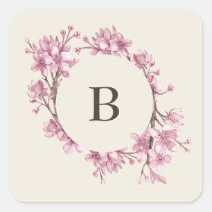 Sticker Carré Élégant Mariage Monogramme Fleur de Cerise Rose