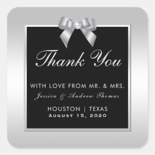 Sticker Carré Élégant Mariage noir et bow de Gem Argent