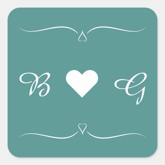 Sticker Carré Élégant Mariage Turquoise Coeur Monogramme Lettre  (Devant)