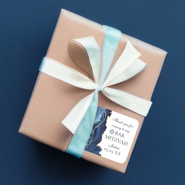 Sticker Carré Elégant Marine Blue Gold Agate Bar Mitzvah Party (Créateur téléchargé)