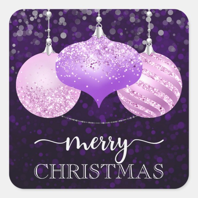 Sticker Carré Élégant mauve et rose Baubles Joyeux Noël (Devant)