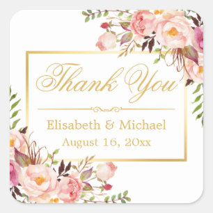 Sticker Carré Élégant Merci de cadre or floral chic