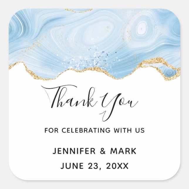 Sticker Carré Elégant Merci frontalier Blue et Gold Agate (Devant)