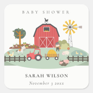 Sticker Carré Élégant mignon Baby shower animal de ferme de Barn
