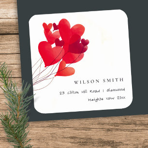Sticker Carré Élégant mignon Ballons de Coeur Rouge Aquarelle Ad