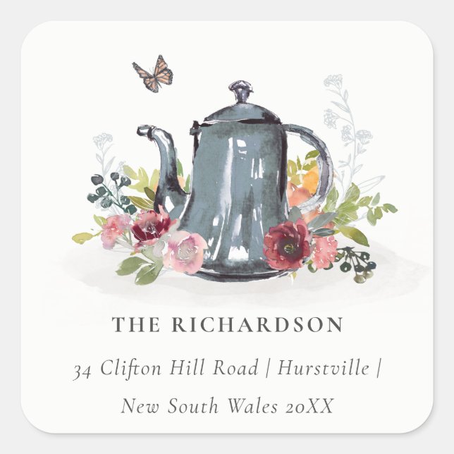 Sticker Carré Élégant mignon Rose joyeux Floral Teapot Adresse (Devant)