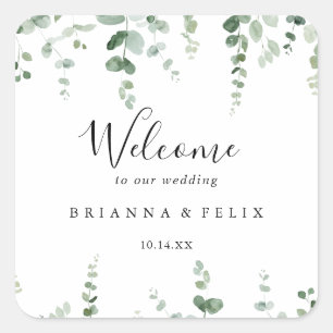 Sticker Carré Elégant minimaliste Eucalyptus Mariage Bienvenue