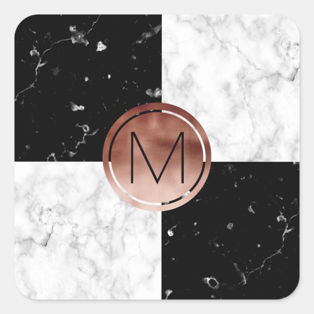 Sticker Carré Elegant monogram rose gold black marble (Devant)
