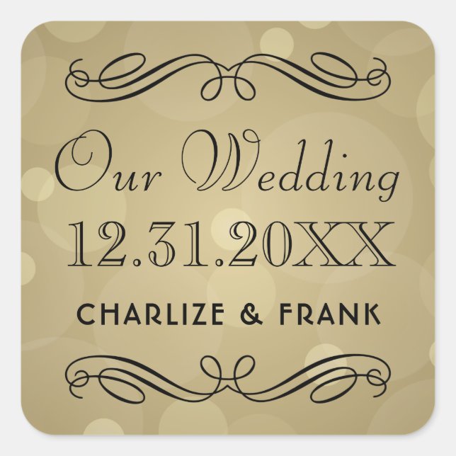Sticker Carré Élégant Monogramme Champagne Gold et Mariage noir (Devant)