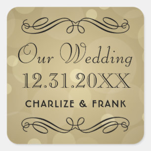 Sticker Carré Élégant Monogramme Champagne Gold et Mariage noir