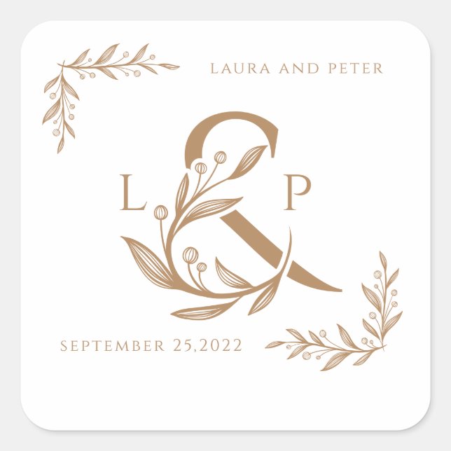 Sticker Carré Élégant monogramme de mariage à l'ampersande fleur (Devant)