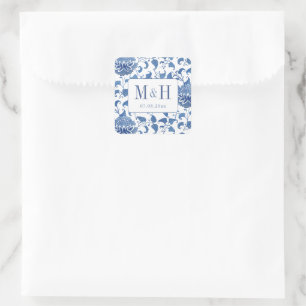Sticker Carré Élégant Monogramme de Mariage Bleu et Blanc