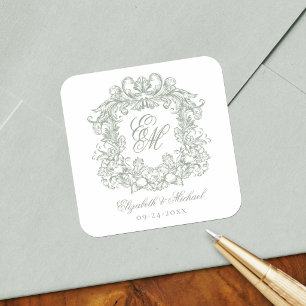 Sticker Carré Élégant monogramme de mariage vintage vert sauge b