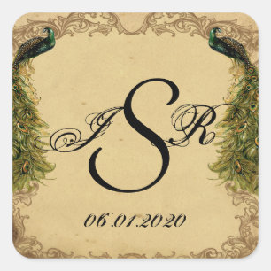 Sticker Carré Élégant Monogramme Mariage de paon Vintage