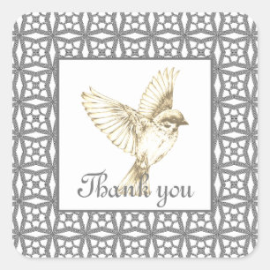 Sticker Carré Elégant motif en dentelle grise avec oiseau