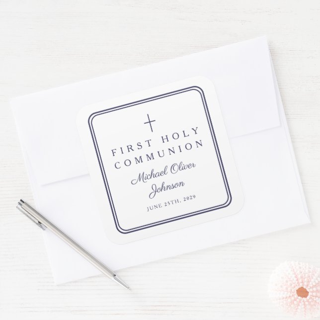 Sticker Carré Elegant Navy Blue Cross Boy First Communion  (Enveloppe)