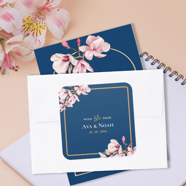 Sticker Carré Elegant Navy Blush Pink Magnolia Floral Wedding (Elegant Navy Blush Pink Magnolia Floral Wedding Square Sticker)