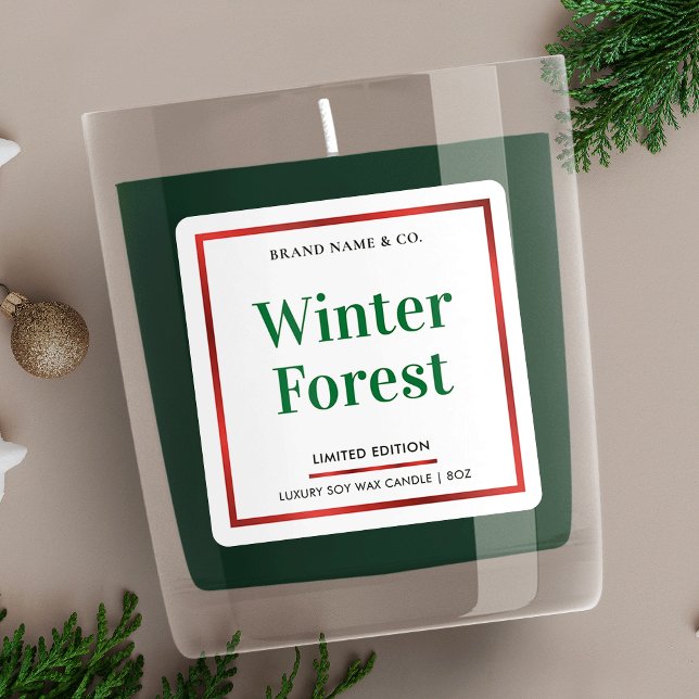 Sticker Carré Elégant Noël Festive Colors Emballage de bougies (Elegant festive candle labels in green and red, perfect for your Christmas product collection)