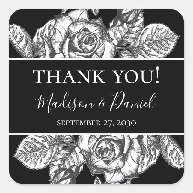 Sticker Carré Elégant noir blanc Mariage Floral Merci (Devant)