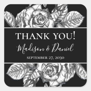 Sticker Carré Elégant noir blanc Mariage Floral Merci