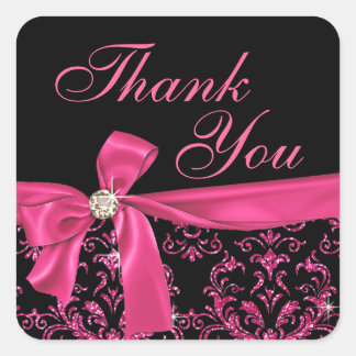 Sticker Carré Elégant noir rose Damask Diamond Bow Merci