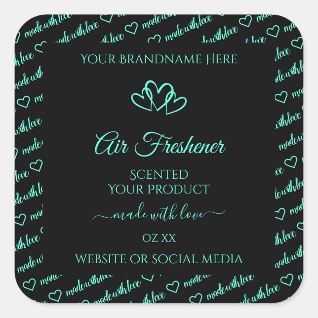 Sticker Carré Elégant Noir Turquoise Cloud Produit Coeurs Étique (Devant)