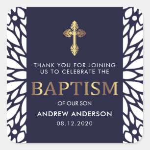 Sticker Carré Elégant or et marine Baptême Merci bleu