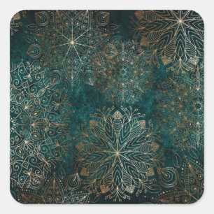 Sticker Carré Elégant or et Turquoise vert Floral Mandala Motif