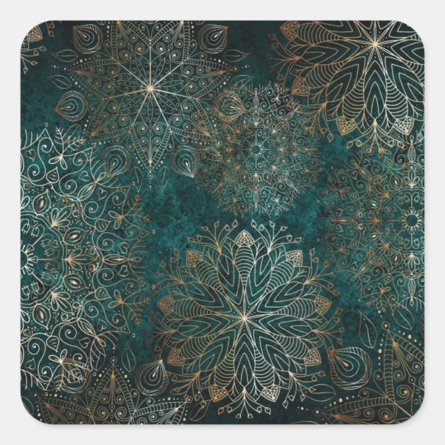 Sticker Carré Elégant or et Turquoise vert Floral Mandala Motif (Devant)