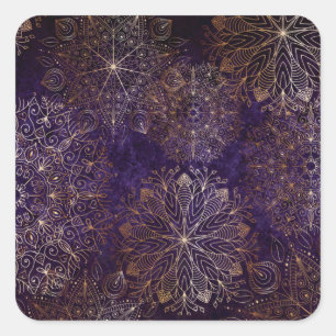 Sticker Carré Élégant or et violet Motif de mandala Floral