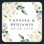 Sticker Carré Elégant or Géométrique Flore Mariage<br><div class="desc">Le design présente un élégant cadre géométrique imprimé de couleur or décoré de fleurs d'aquarelle dans des tons neutres, comme - blanc, ivoire, champagne, et plus. Les éléments floraux se composent de roses, de pivoines, d'hydrangée et de souffle de bébé. Ce modèle moderne propose également de la verdure, de l'eucalyptus,...</div>