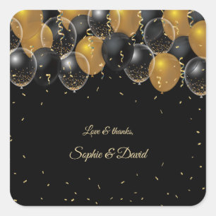 Sticker Carré Élégant or noir Balloons Confetti Mariage