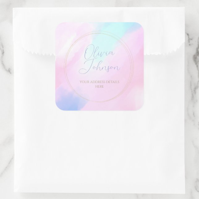 Sticker Carré Elégant Pastel bleu rose aquarelle peinture (Sac)