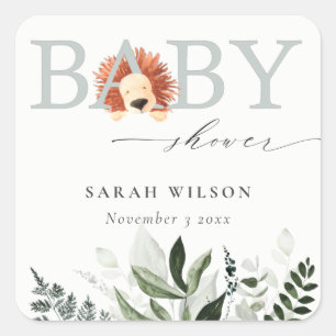Sticker Carré Élégant Pastel Cute Boho Lion Foliage Baby shower