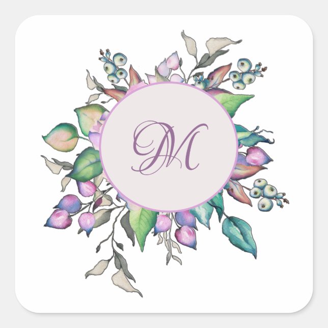 Sticker Carré Élégant pastel floral Aquarelle Monogramme (Devant)