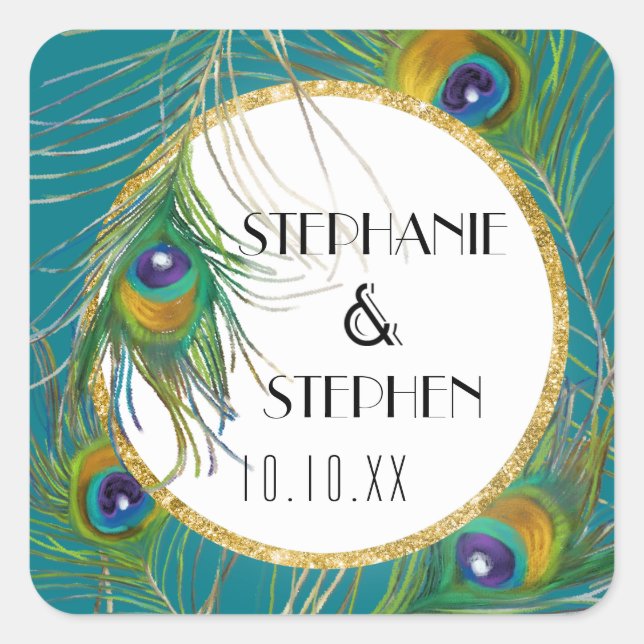 Sticker Carré Elégant Peacock Feathers avec Mariages Parties sci (Devant)