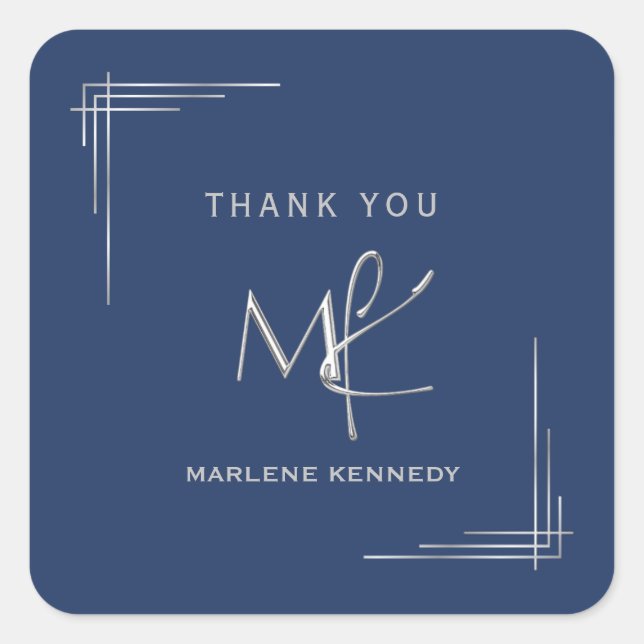 Sticker Carré Elégant Personnalisé Monogramme d'argent bleu mari (Devant)