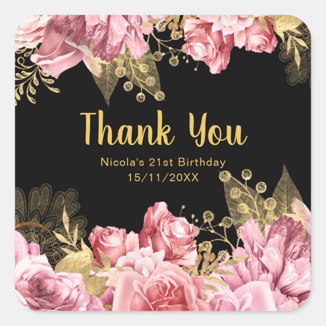 Sticker Carré Elegant Pink and Gold Flowers Birthday Party (Devant)