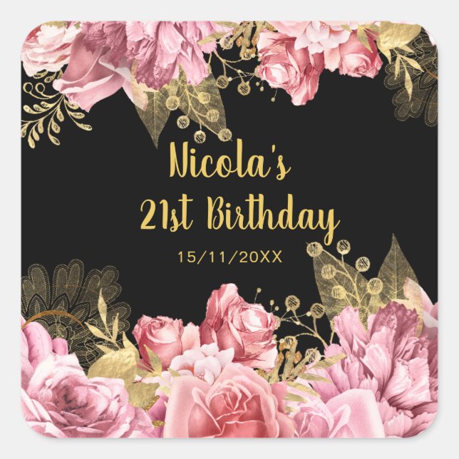 Sticker Carré Elegant Pink and Gold Flowers Birthday Party (Devant)