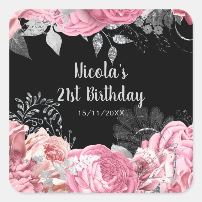 Sticker Carré Elegant Pink and Silver Flowers Birthday Party (Devant)