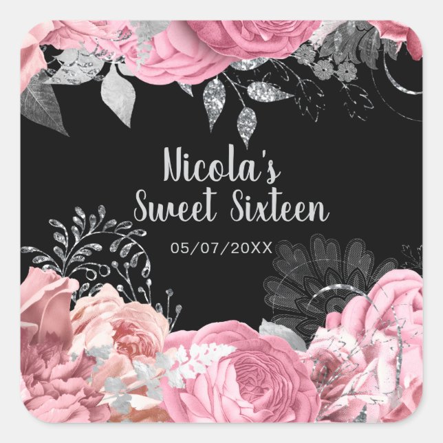 Sticker Carré Elegant Pink and Silver Flowers Sweet Sixteen  (Devant)