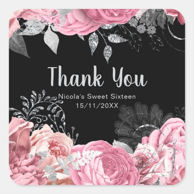 Sticker Carré Elegant Pink and Silver Flowers Sweet Sixteen (Devant)