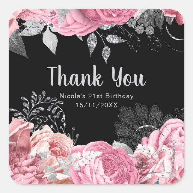 Sticker Carré Elegant Pink and Silver Flowers Sweet Sixteen  (Devant)