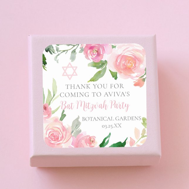 Sticker Carré Elegant Pink Floral Bat Mitzvah Party Custom (Créateur téléchargé)
