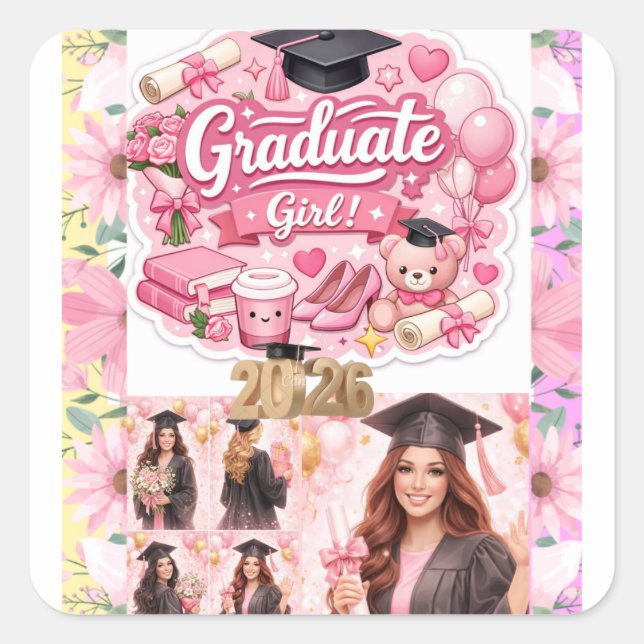 Sticker Carré Elegant Pink Floral Graduation Party baner (Devant)