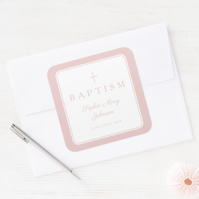 Sticker Carré Elegant Pink Religious Cross Boy Baptism  (Enveloppe)